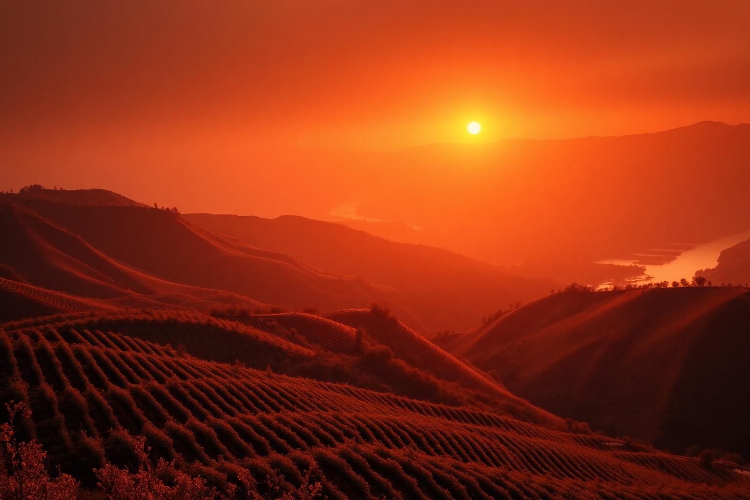Socalcos do Douro ao pôr do sol sobre o rio